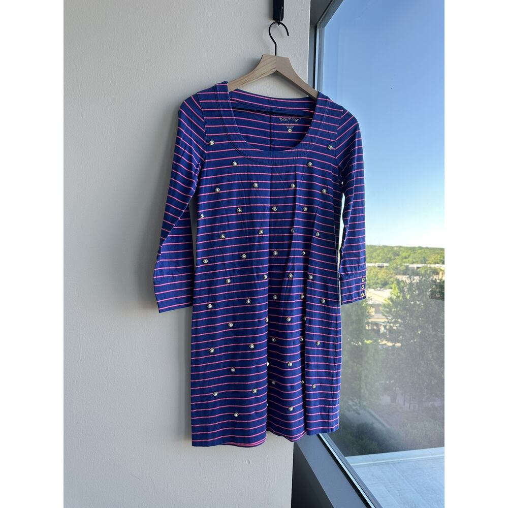 Lilly Pulitzer Merrit Dress True Blue Palm Stripe Beaded Shift Pink Small